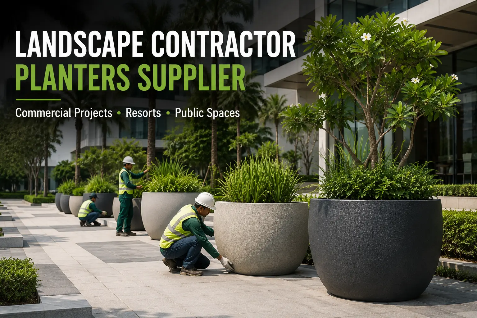 Professional commercial landscape project featuring large fiberglass and fiber cement planters installed in a modern outdoor environment. Landscape contractors working on premium landscaping development, large architectural planters, office complex, hotel and resort surroundings, clean pathways, mature greenery, contemporary design, realistic photography, high-end commercial project atmosphere, export-quality planters, ultra realistic, 16:9 ratio, professional B2B marketing image.