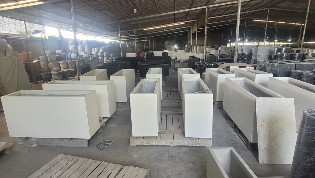 Large terrazzo planters manufactured in Vietnam for hospitality commercial and landscape projects