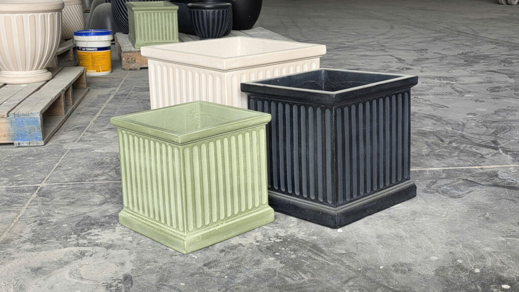 Lightweight fiber cement planters manufactured in Vietnam for commercial hospitality and landscape projects