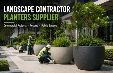 Professional commercial landscape project featuring large fiberglass and fiber cement planters installed in a modern outdoor environment. Landscape contractors working on premium landscaping development, large architectural planters, office complex, hotel and resort surroundings, clean pathways, mature greenery, contemporary design, realistic photography, high-end commercial project atmosphere, export-quality planters, ultra realistic, 16:9 ratio, professional B2B marketing image.